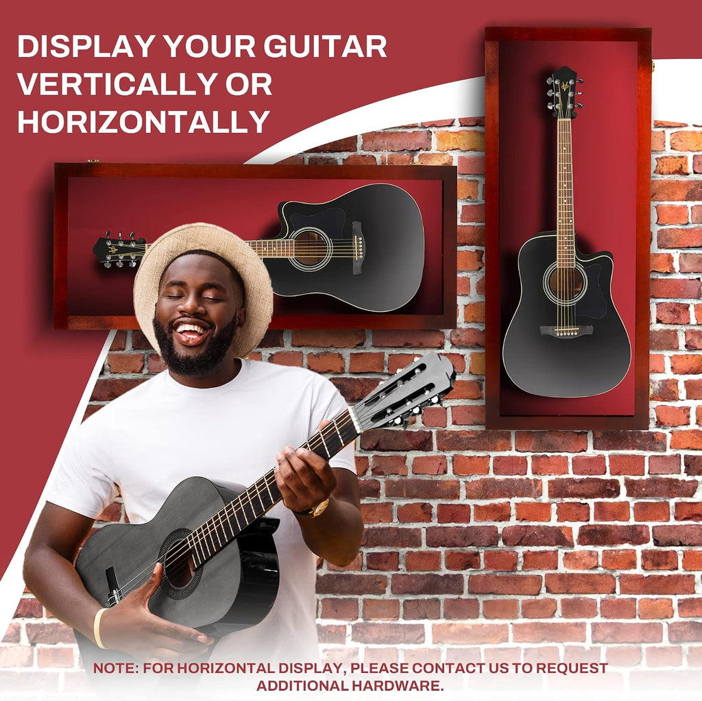 PENNZONI Acoustic Guitar Display Case - Acrylic Acoustic Guitar Case - Guitar Display Case Wall Mount Made from Hardwood Frame & Clear Acrylic - Cherry w/ Red Felt