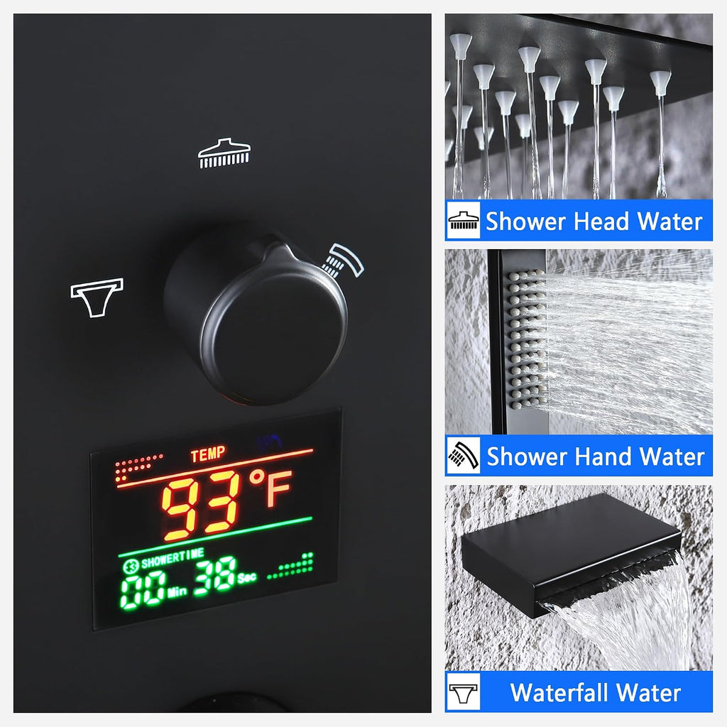 SKOWLL Shower System with Tub Spout Bathroom Tub and Shower Faucet Combo Wall Mount 12 Inch Black Shower Head and Handle Set, Display Shower Valve Kit Rough-in Valve and Trim Included