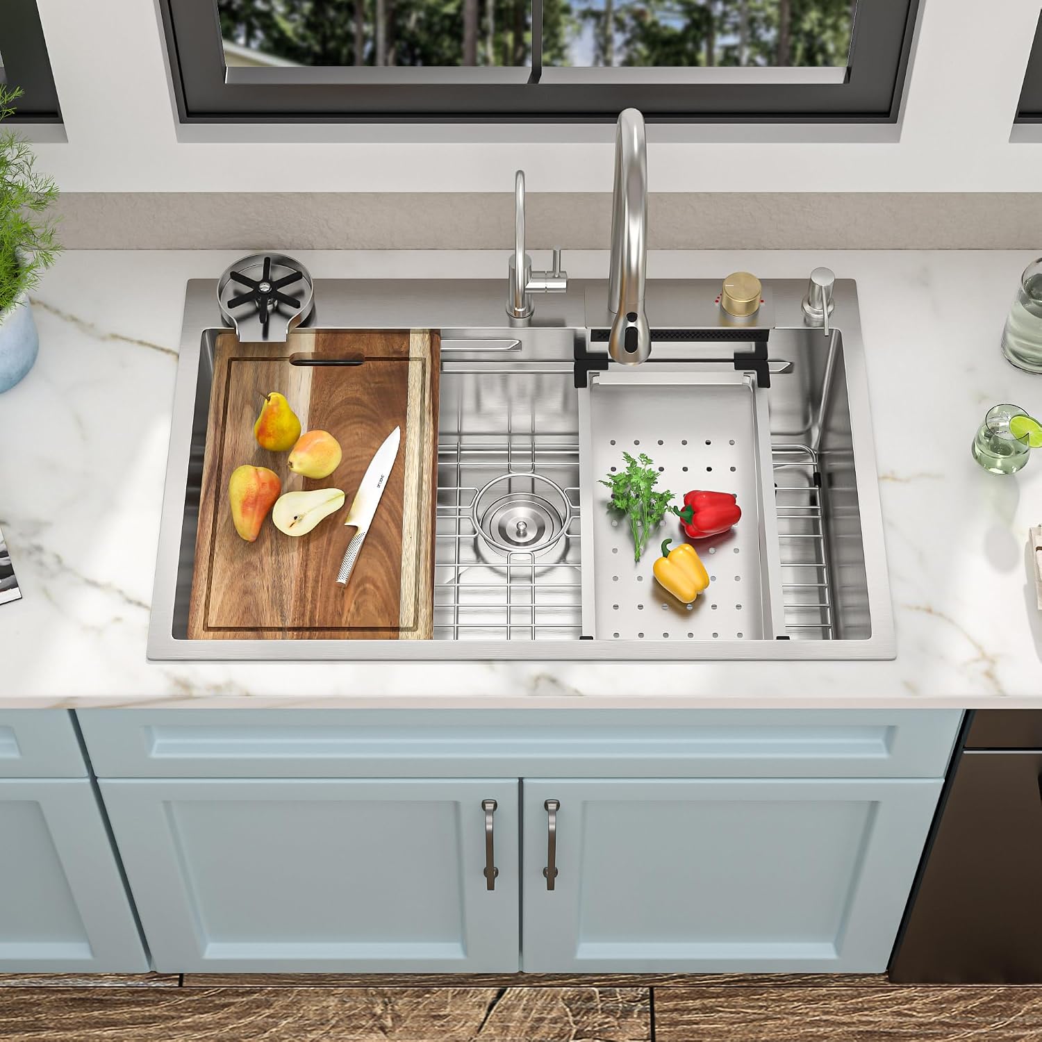 33'x22' Drop In Waterfall Kitchen Sink - 16 Gauge 304 Stainless Steel Top Mount Multifunctional Single Bowl Smart Workstation Waterfall Sink with Faucet Combo, Glass Rinser