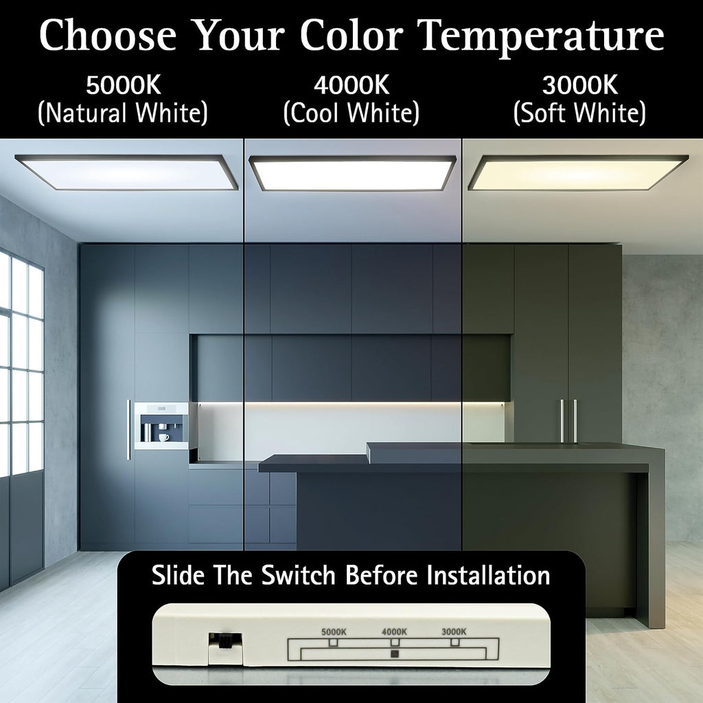 Ultralux 1x4 ft Surface Mount Ceiling Light Panel – Slim, Edge Lit, Flush Mount Flat Panel for Kitchen, Home & Office - TRIAC Dimmable, 3CCT Adjustable Color Temperature (Matte Black, 2 Pack)