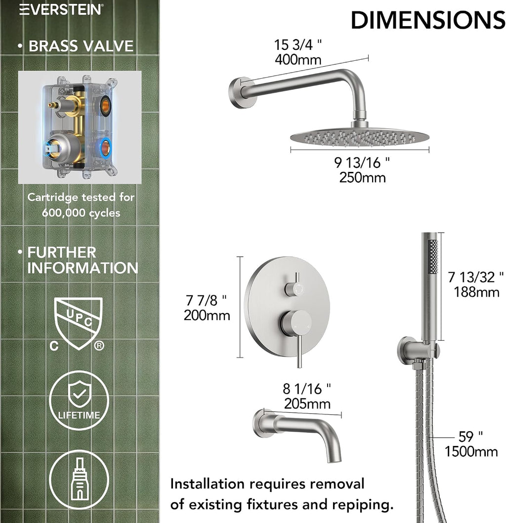 10' High-Pressure Rainfall Shower System with Handheld Spray, Wall Mount Bathroom Shower Faucet Set with Tub Spout (Brushed Nickel)