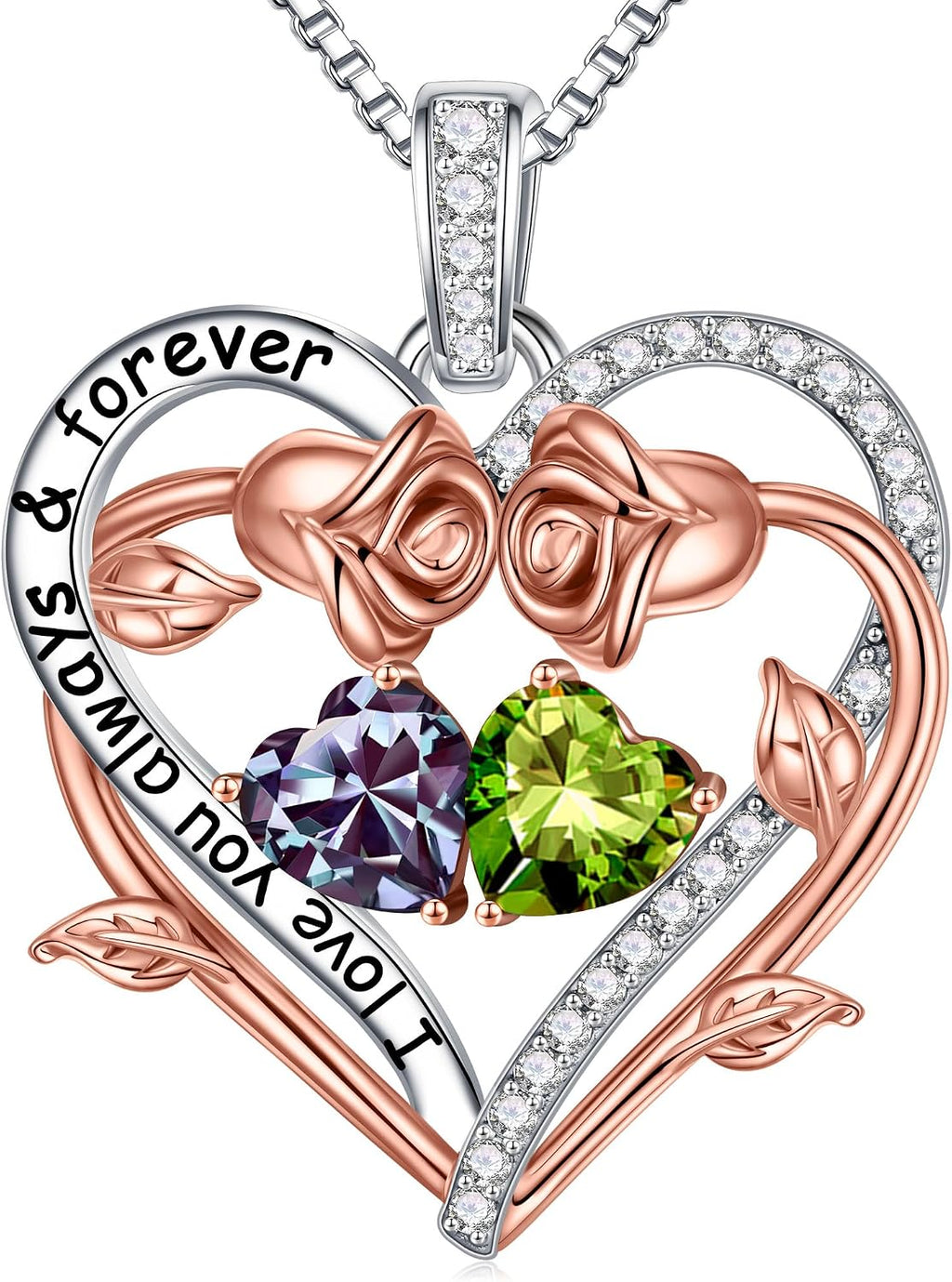 Iefil Rose Heart Double Birthstone Necklace Gifts for Wife Girlfriend Her Women, Birthstone Jewelry Gemstone Birthday Gifts for Mom Grandma Her Wife Women