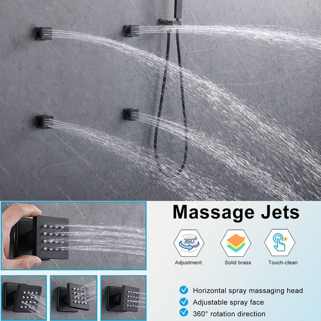 Matte Black Shower System Digital Display Full Body Shower System with 16 x 26 Inch Ceiling Rain LED Shower Head, Handheld Shower and 6 PCS Body Jets