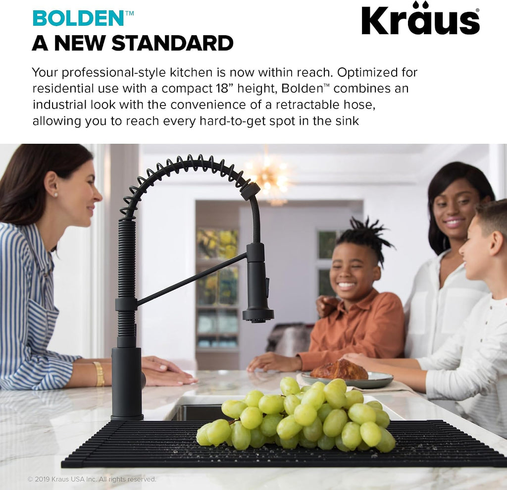 KRAUS Bolden 18-Inch Single Handle Commercial Style Pull-Down Kitchen Faucet with Soap Dispenser in Matte Black, KPF-1610MB-KSD-43MB
