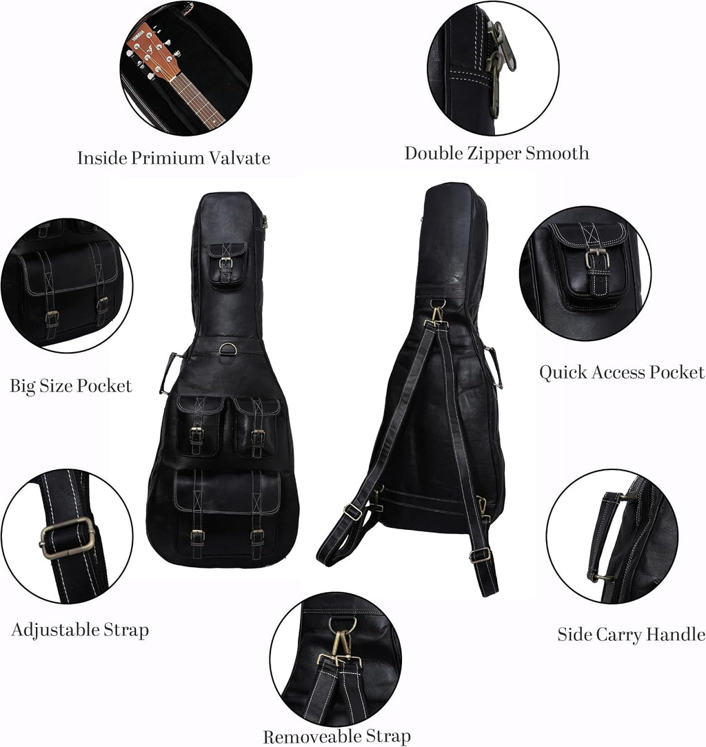 Premium Leather Guitar Gig Bag, Electric And Acoustic Guitar Case with Multiple Storage Pockets, Detachable And Adjustable Straps (Black)
