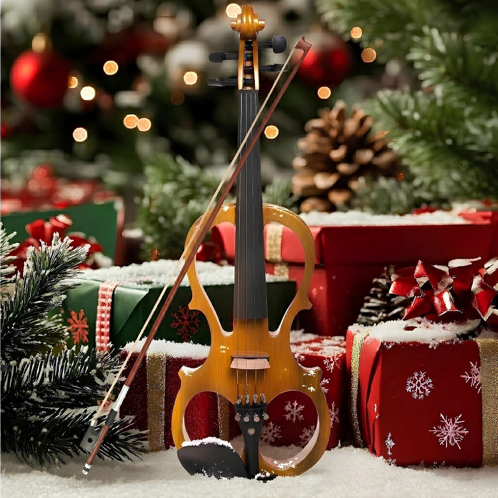 Cecilio 4/4 Full Size Electric Silent Violin, Hand-Carved Solid Maple Wood, Complete Set with Case & Ebony Fittings, Ideal for Practice, Stage & Studio Use, Yellow Maple Metallic