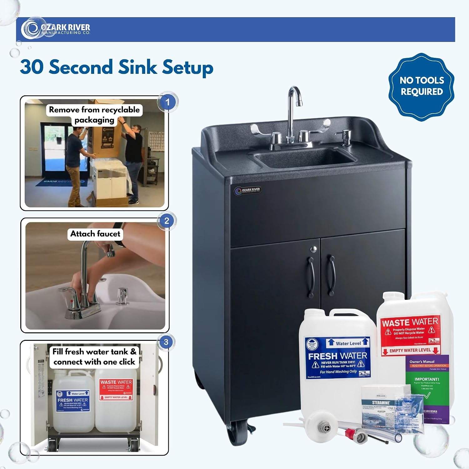 Ozark River Portable Sinks Premier Black & Clean Start Kit Bundle, Black Laminate-ABS, Portable Sink with Hot Water, Self-Contained Sink, Portable Hand Washing Station, 110V