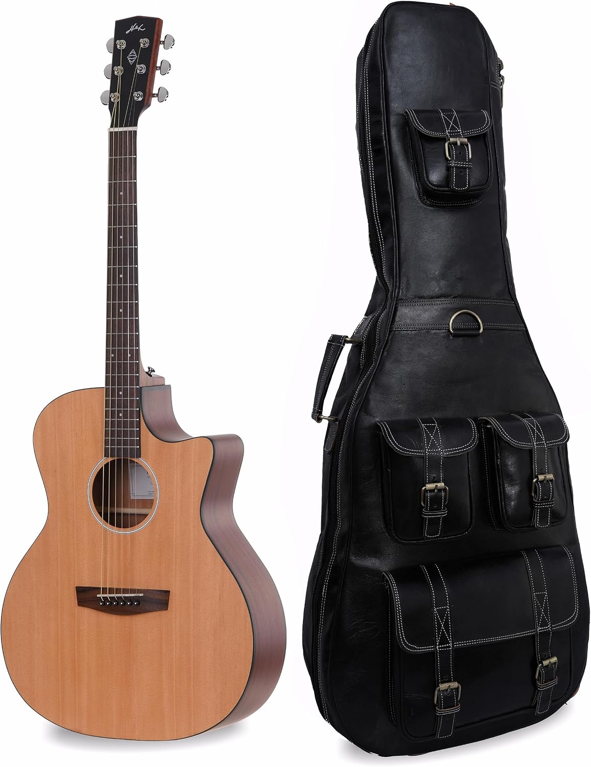 Premium Leather Guitar Gig Bag, Electric And Acoustic Guitar Case with Multiple Storage Pockets, Detachable And Adjustable Straps (Black)