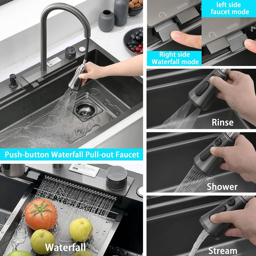 30' x 19.7' Black-Gray Waterfall Kitchen Sink, Drop In Stainless Steel Modern Single Bowl Sink with Pull-Out Spray Faucet, Cup Washer & Accessories