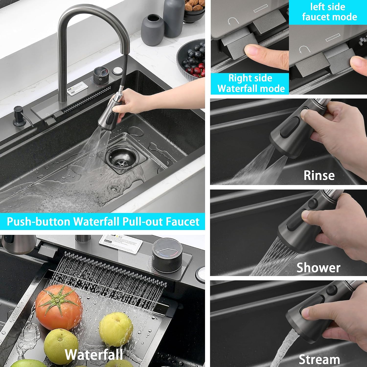 30' x 19.7' Black-Gray Waterfall Kitchen Sink, Drop In Stainless Steel Modern Single Bowl Sink with Pull-Out Spray Faucet, Cup Washer & Accessories