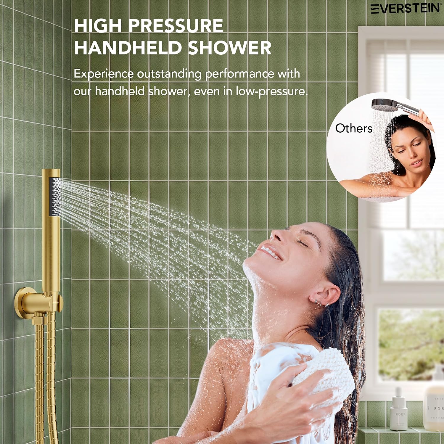 10' High-Pressure Rainfall Shower System with Handheld Spray, Wall Mount Bathroom Shower Faucet Set with Tub Spout, Brushed Gold (Valve Included)