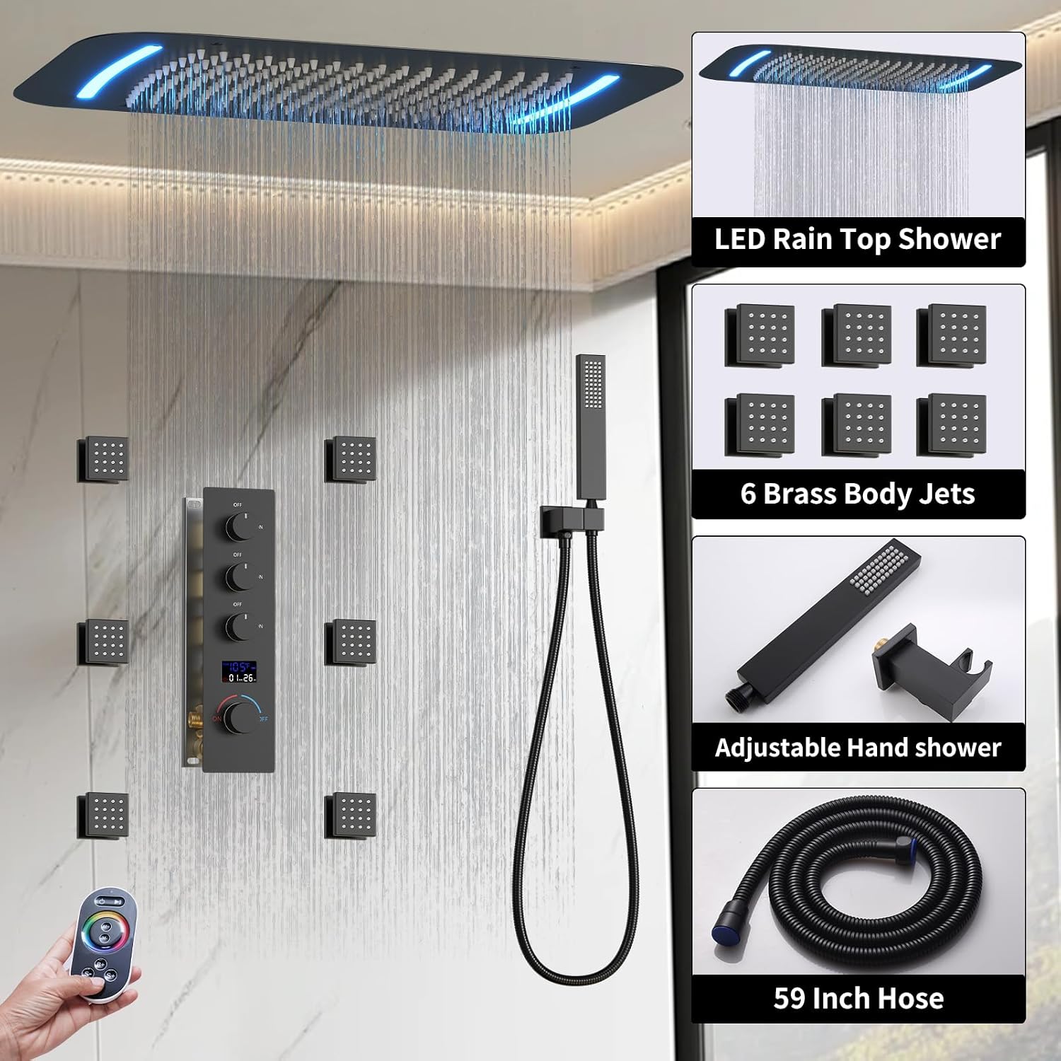 Matte Black Shower System Digital Display Full Body Shower System with 16 x 26 Inch Ceiling Rain LED Shower Head, Handheld Shower and 6 PCS Body Jets