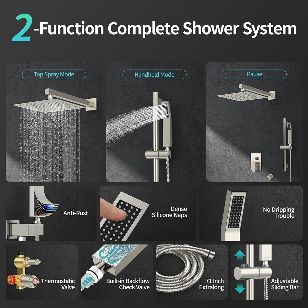 SR SUN RISE Shower System with 10' Rain Showerhead, Square Handheld Showerwith 16-Inch Slide Bar and 71-Inch Hose, Wall Mounted Shower Faucet Set Included Valve and Trim Kit, Brushed Nickel