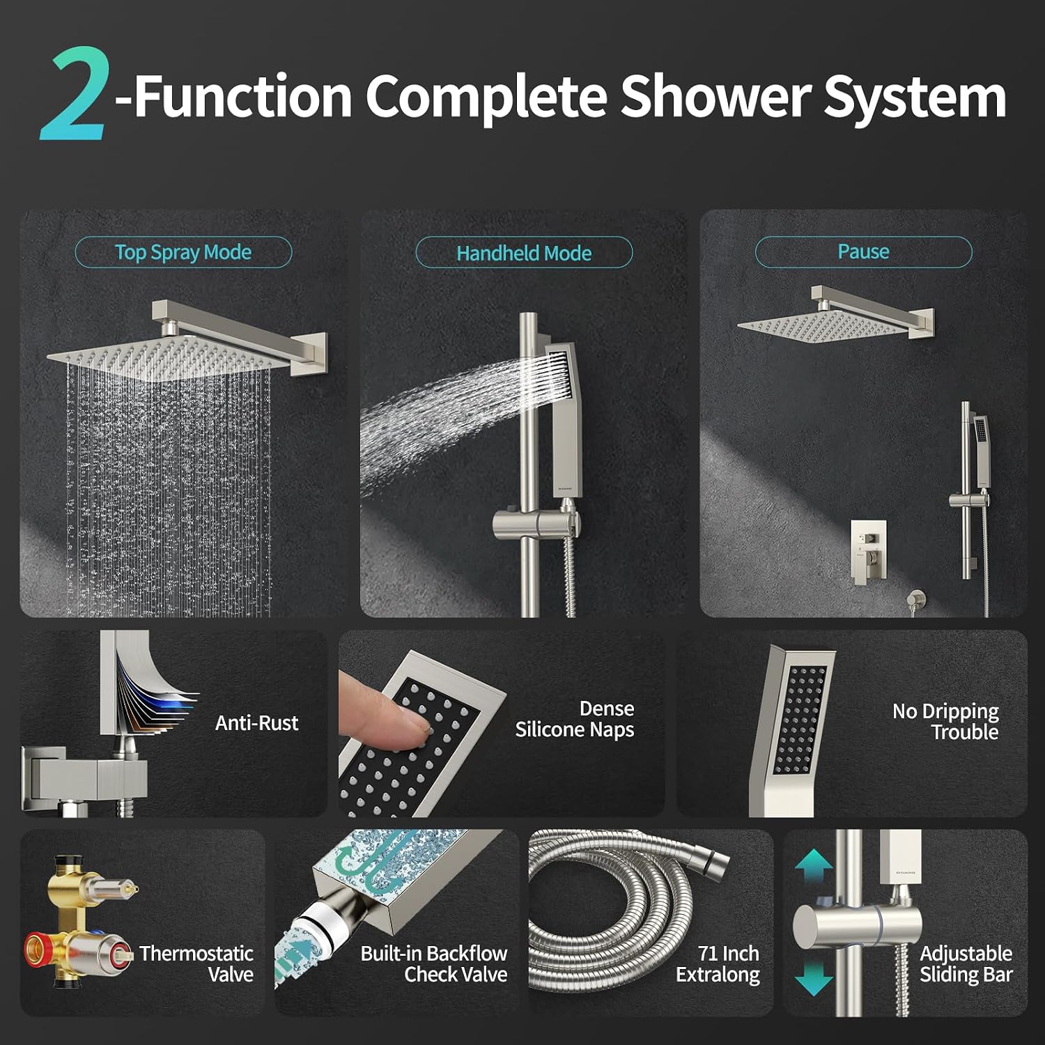 SR SUN RISE Shower System with 10' Rain Showerhead, Square Handheld Showerwith 16-Inch Slide Bar and 71-Inch Hose, Wall Mounted Shower Faucet Set Included Valve and Trim Kit, Brushed Nickel