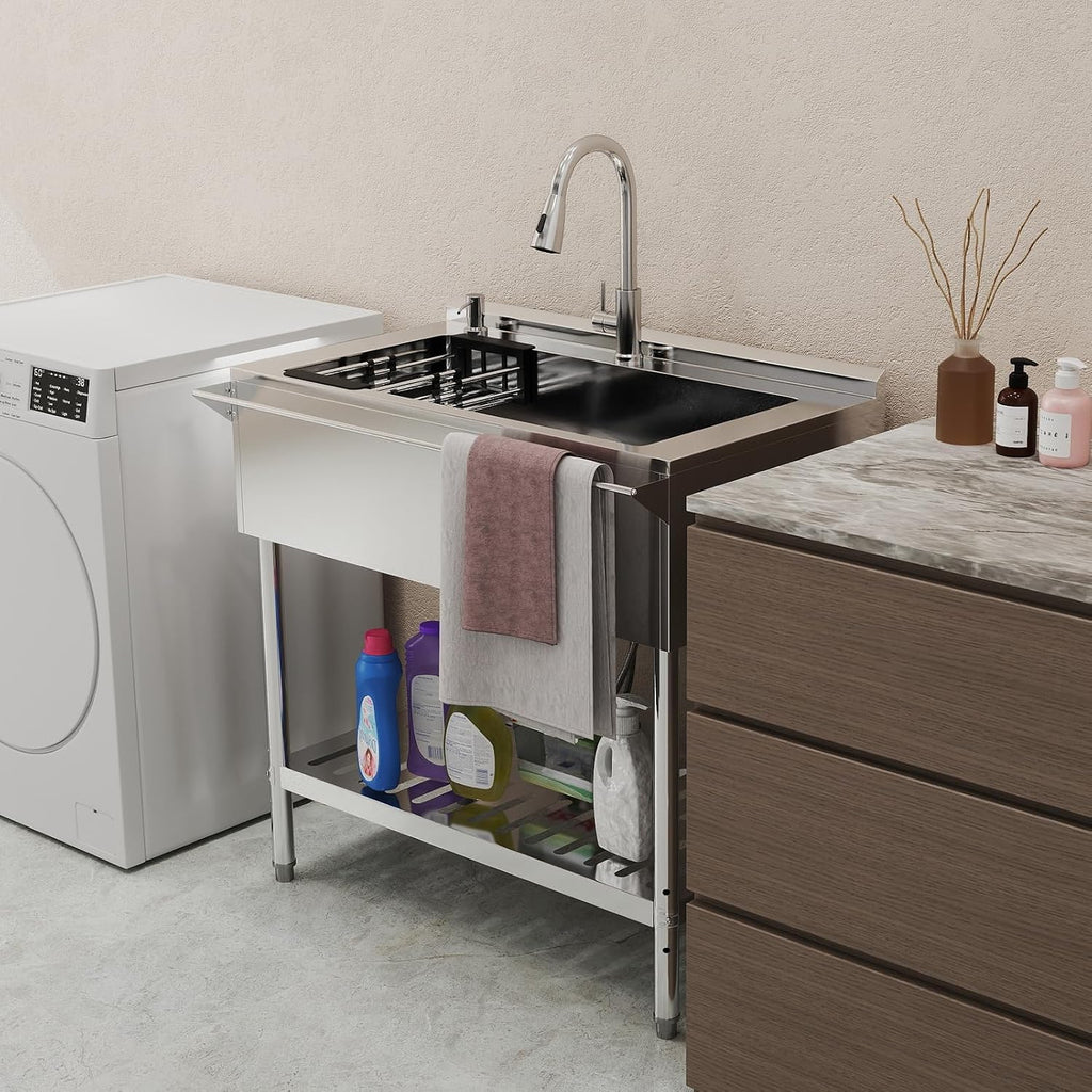 Stainless Steel Utility Sink, 30.8'' Free Standing Single Bowl Sink with Pull-Out Faucet & Cold and Hot Water Pipe & basket, Indoor and Outdoor Sink for Laundry Room, Garage, Kitchen, Silver