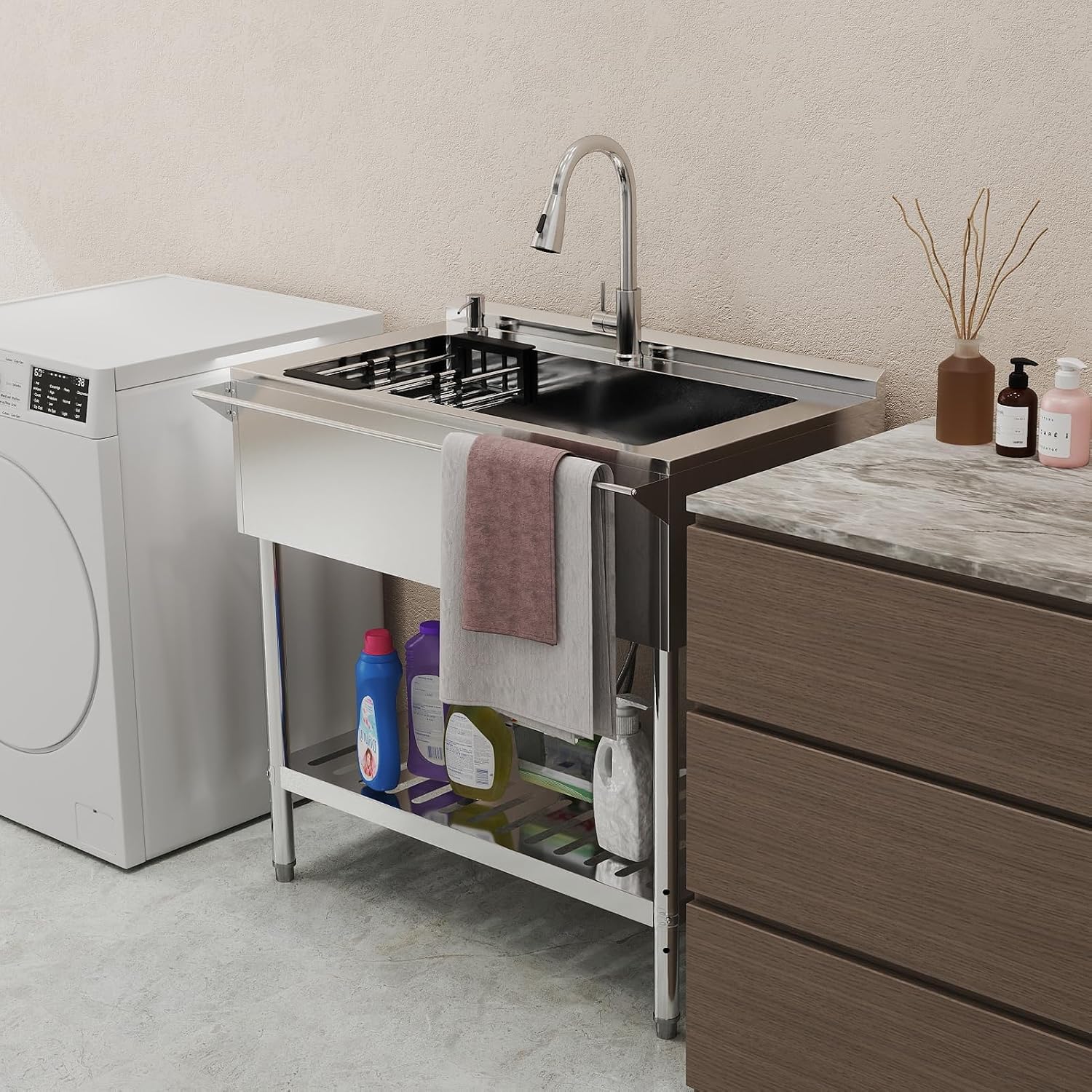 Stainless Steel Utility Sink, 30.8'' Free Standing Single Bowl Sink with Pull-Out Faucet & Cold and Hot Water Pipe & basket, Indoor and Outdoor Sink for Laundry Room, Garage, Kitchen, Silver