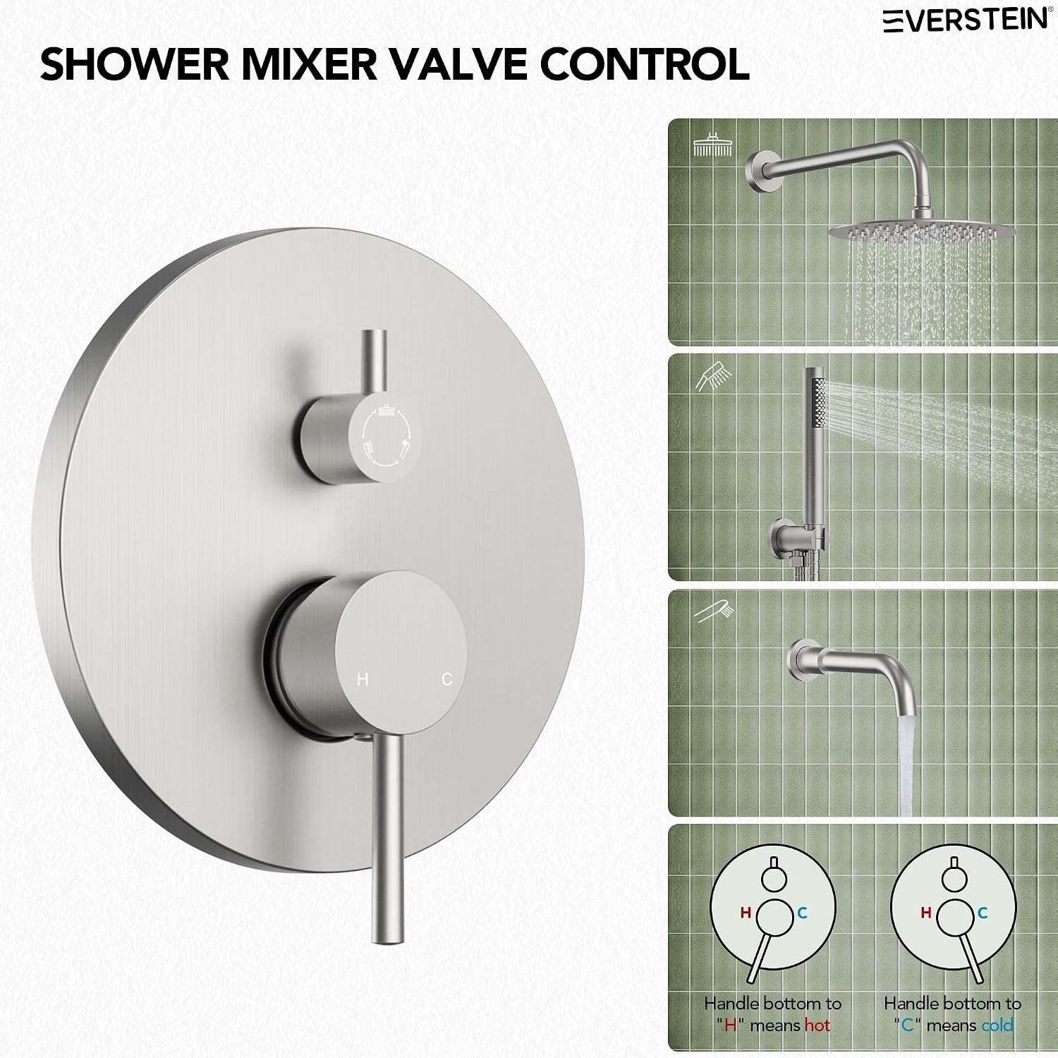 10' High-Pressure Rainfall Shower System with Handheld Spray, Wall Mount Bathroom Shower Faucet Set with Tub Spout (Brushed Nickel)