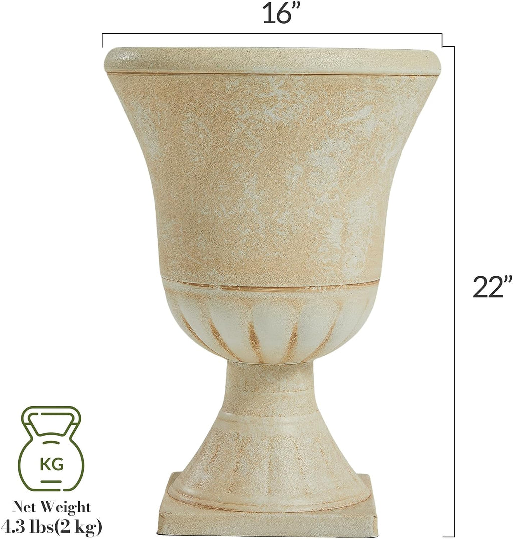 Worth Garden Plastic Urn Planters for Outdoor Plants, Tree 22'' Tall 2 Pack Round Classic Resin Flower Pots Indoor Beige Traditional Front Porch 15 in Dia. Large Imitation Stone Decorative Patio Deck