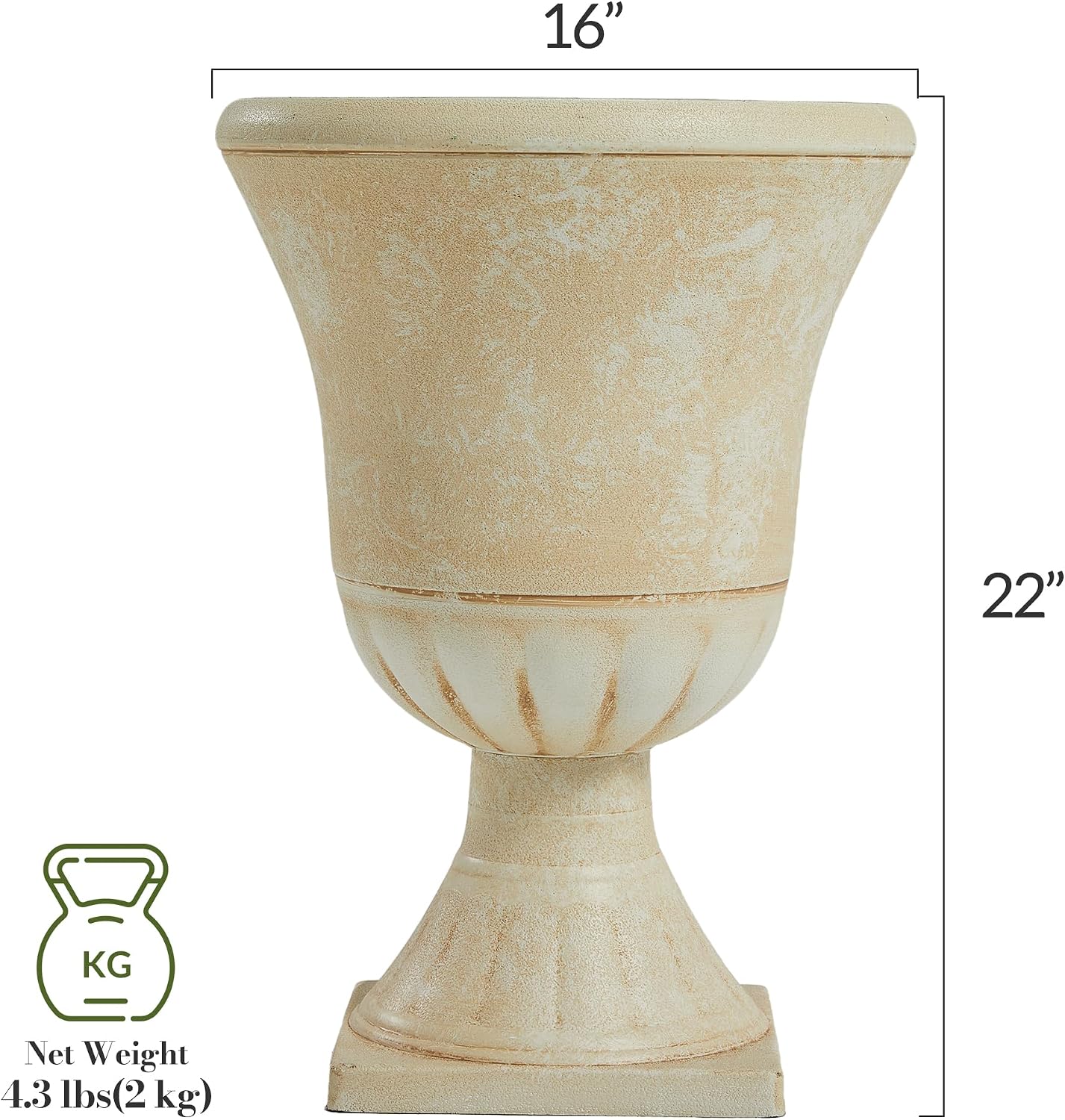 Worth Garden Plastic Urn Planters for Outdoor Plants, Tree 22'' Tall 2 Pack Round Classic Resin Flower Pots Indoor Beige Traditional Front Porch 15 in Dia. Large Imitation Stone Decorative Patio Deck