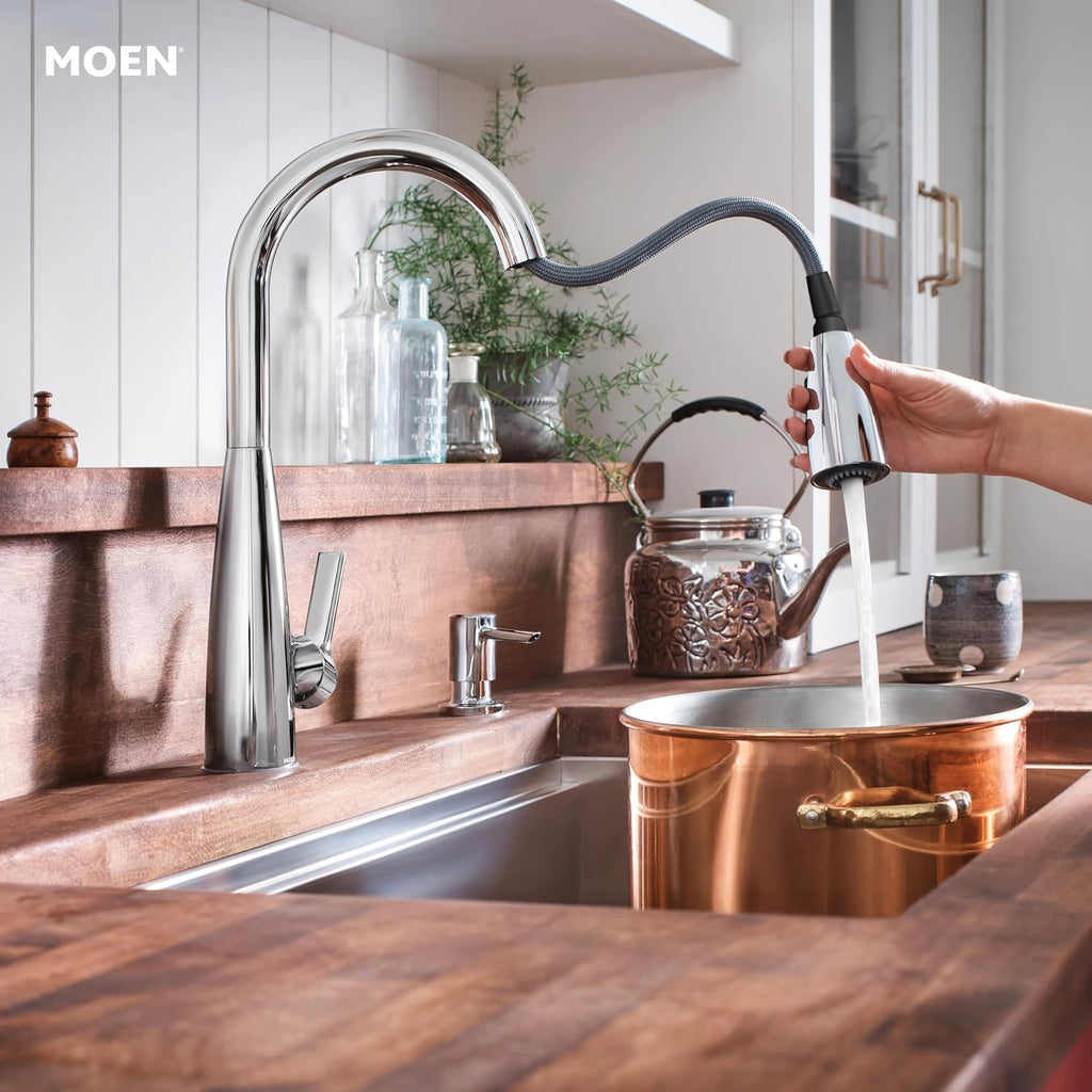 Moen Haelyn Pulldown Kitchen Faucet with Power Boost, 87627 | Pulldown sprayer, Power Boost technology, Soap dispenser included, Chrome finish, High arc faucet