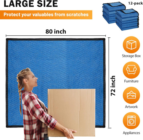 12 Moving Packing Blankets 80 x 72 Inches (35 lb/dz) Heavy Duty Moving Pads for Protecting Furniture Professional Quilted Shipping Furniture Pads (Blue 24PCS)
