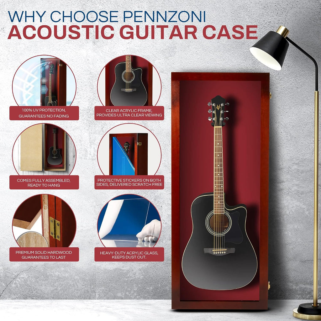 PENNZONI Acoustic Guitar Display Case - Acrylic Acoustic Guitar Case - Guitar Display Case Wall Mount Made from Hardwood Frame & Clear Acrylic - Cherry w/ Red Felt