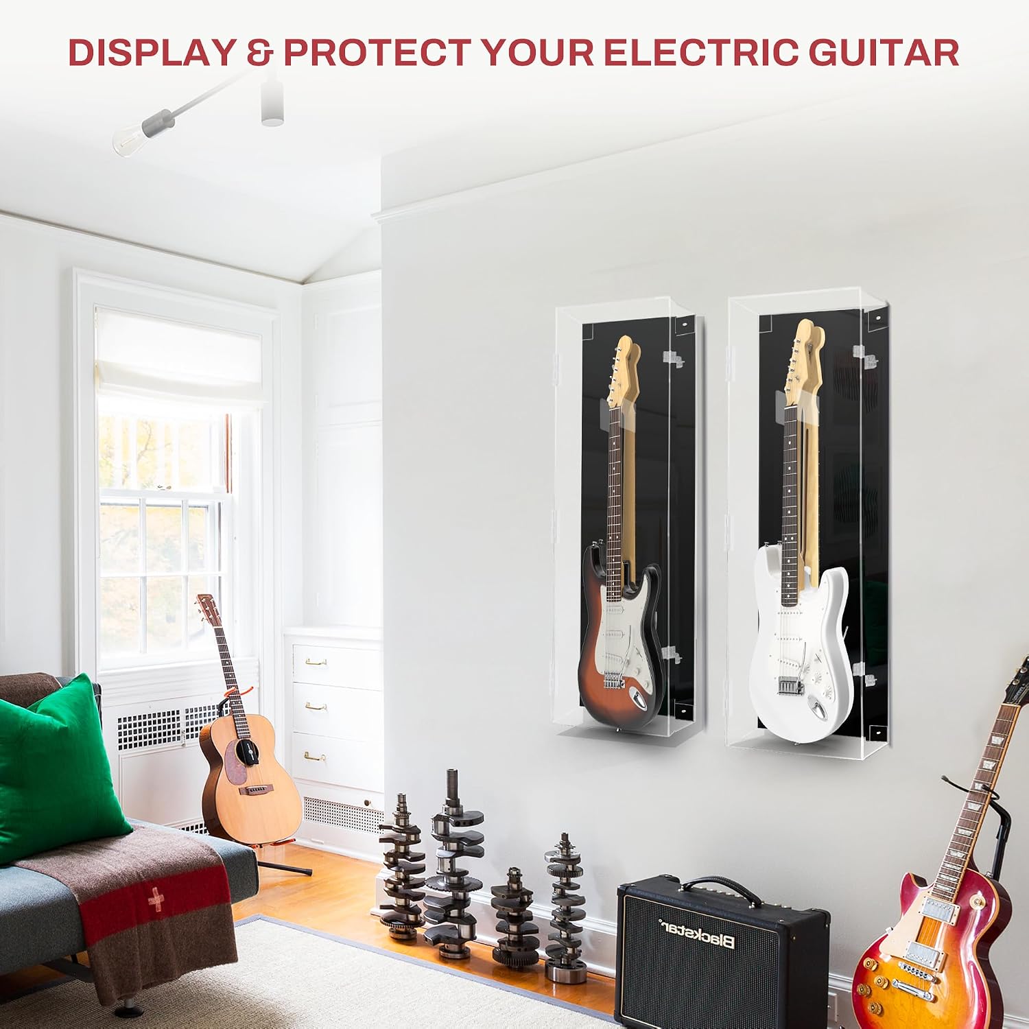 PENNZONI Electric Guitar Display Case - Fully Acrylic Case with Black Back - Horizontal Wall Mount
