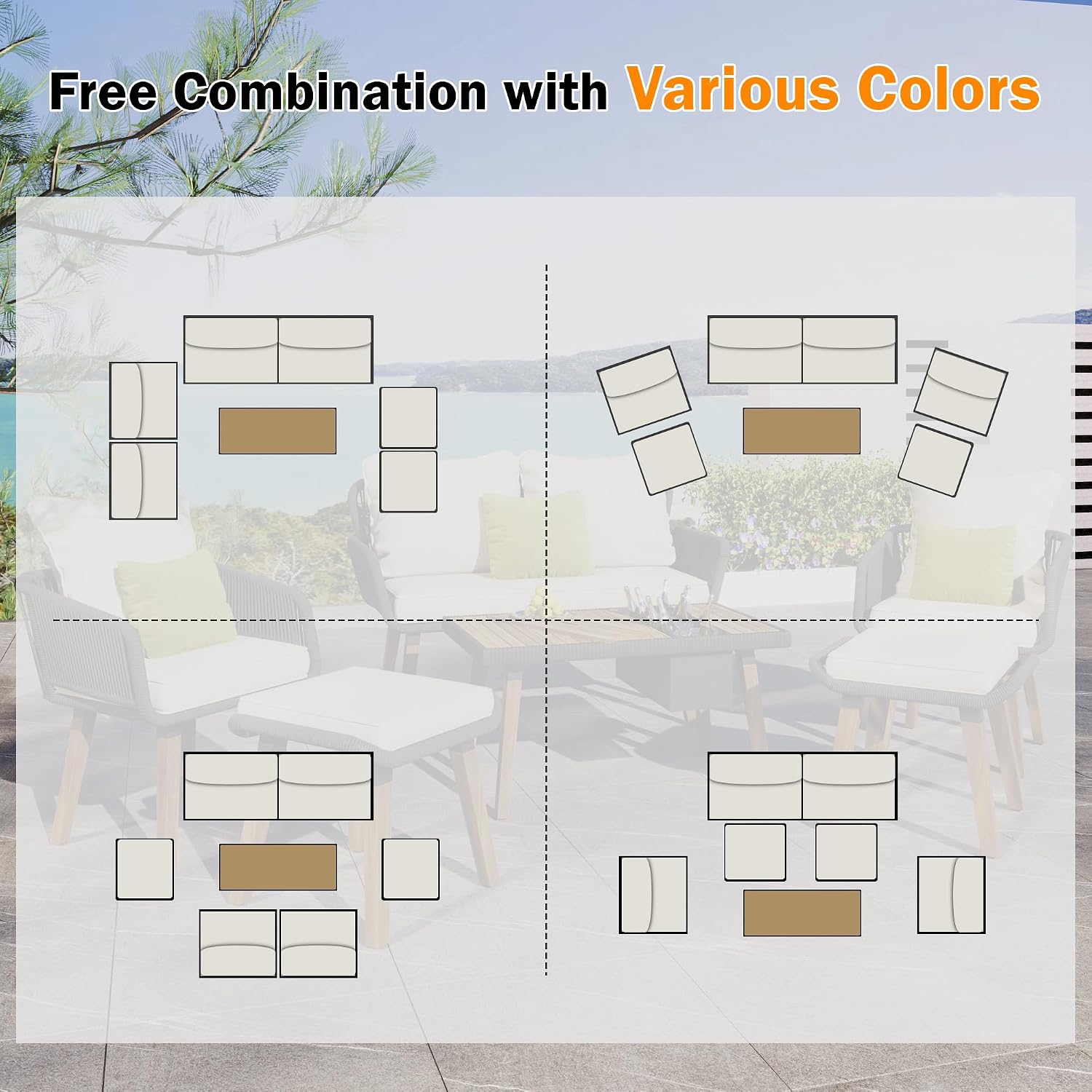 6-Piece Rope Patio Furniture Set, Outdoor Furniture With Acacia Wood Cool Bar Table With Ice Bucket , Deep Seat Patio Conversation Set With Two Stools For Backyard Porch Balcony (Black & Beige-001)