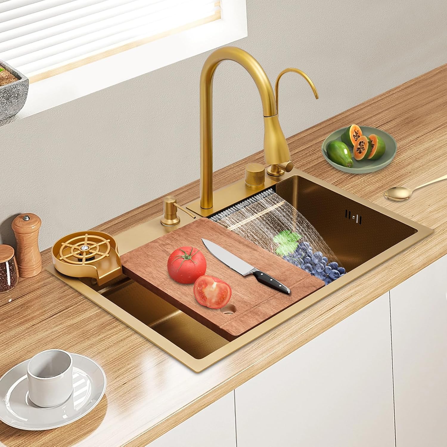 Multifunctional Kitchen Waterfall Sink, Gold Stainles Steel Kitchen Sink Double Sliding Rail, Double Bowl Sink with 3-Mode Cold & Hot Water Faucet 26.77x18.11x8.66in for Kitchen Bar Hotel(Gold)