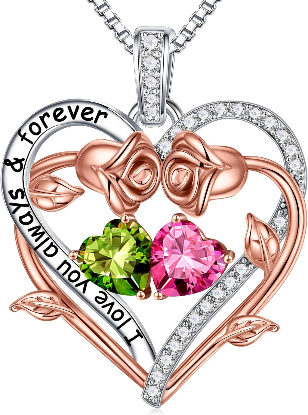 Iefil Rose Heart Double Birthstone Necklace Gifts for Wife Girlfriend Her Women, Birthstone Jewelry Gemstone Birthday Gifts for Mom Grandma Her Wife Women