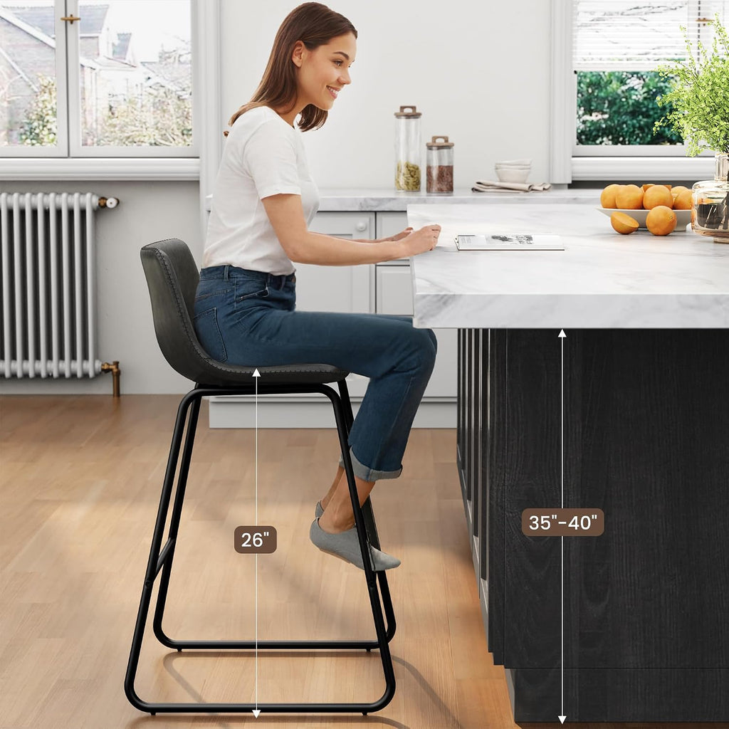 REONEY Bar Stools Set of 4, Faux Leather Counter Height Stools, 26' Modern Barstools with Metal Legs and Footrest, Urban Armless Counter Chairs with Back for Kitchen Island (Black)