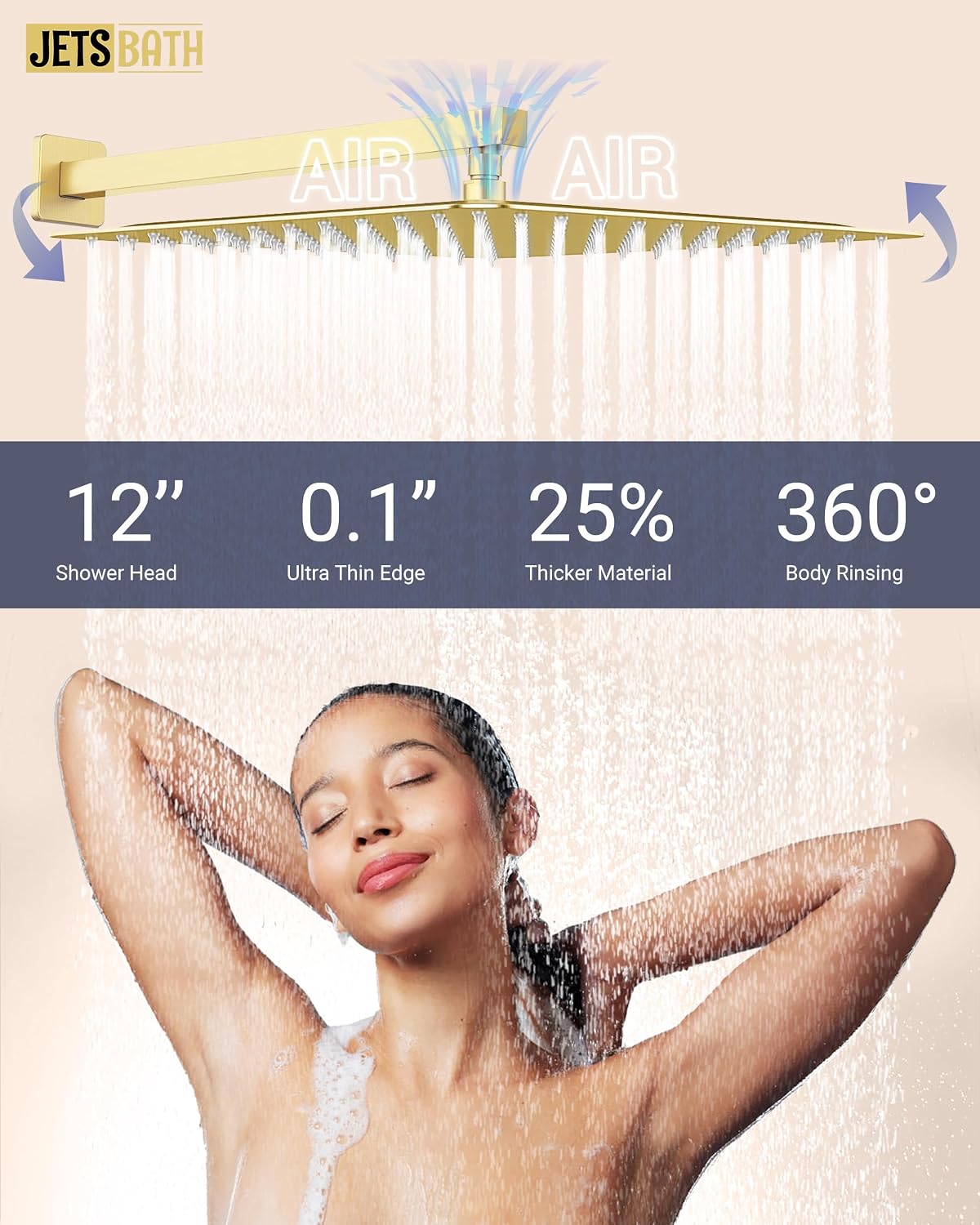 Dual Rainfall Shower Head System with 4 Body Jets, JetsBath Shower Faucet Set Double Shower Head 6-Inch Shower Head & 12' Rain Shower, Luxury Brushed Gold Shower Faucet Set,Wall-Mounted Shower System