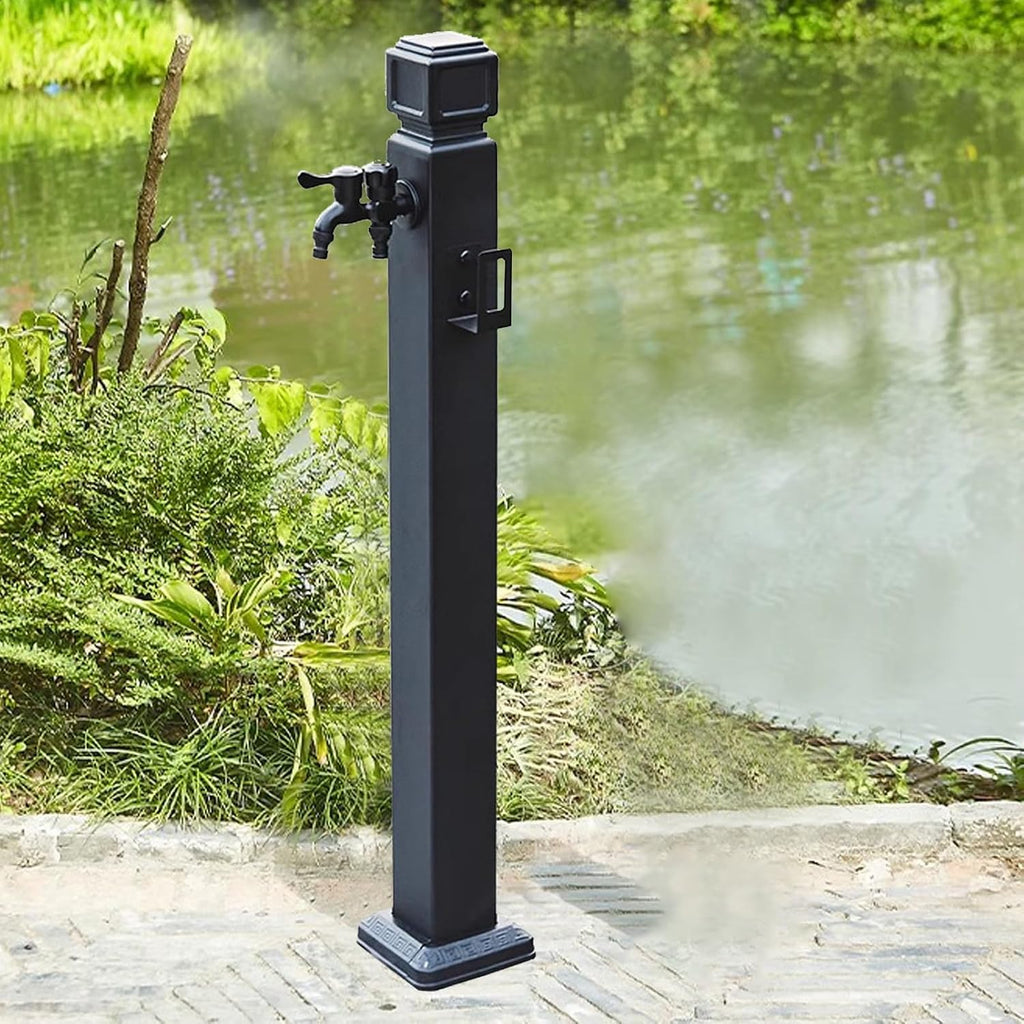 Garden Water Column Outdoor Post Faucet 304 Stainless Steel Vertical Square Water Dispenser Column with Floor Mounted Hydrant Water Tap Black