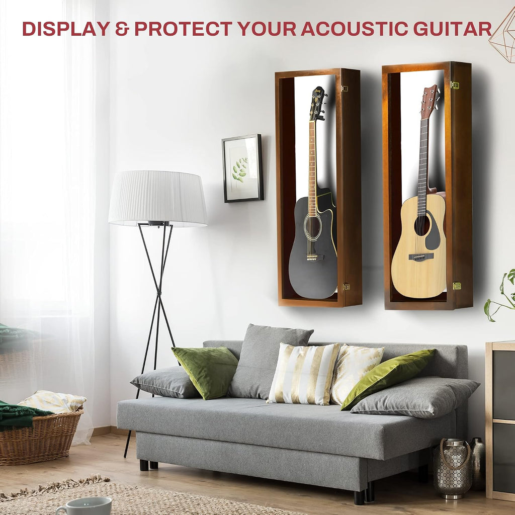 PENNZONI Acoustic Guitar Display Case - Acrylic Acoustic Guitar Case - Guitar Display Case Wall Mount Made from Hardwood Frame & Clear Acrylic - Walnut w/Felt White