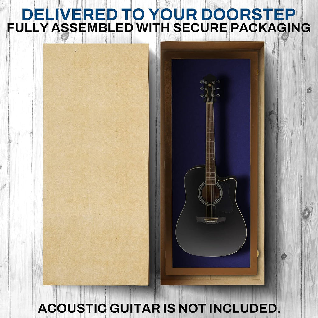 PENNZONI Acoustic Guitar Display Case - Acrylic Acoustic Guitar Case - Guitar Display Case Wall Mount Made from Hardwood Frame & Clear Acrylic - Walnut w/Felt Blue
