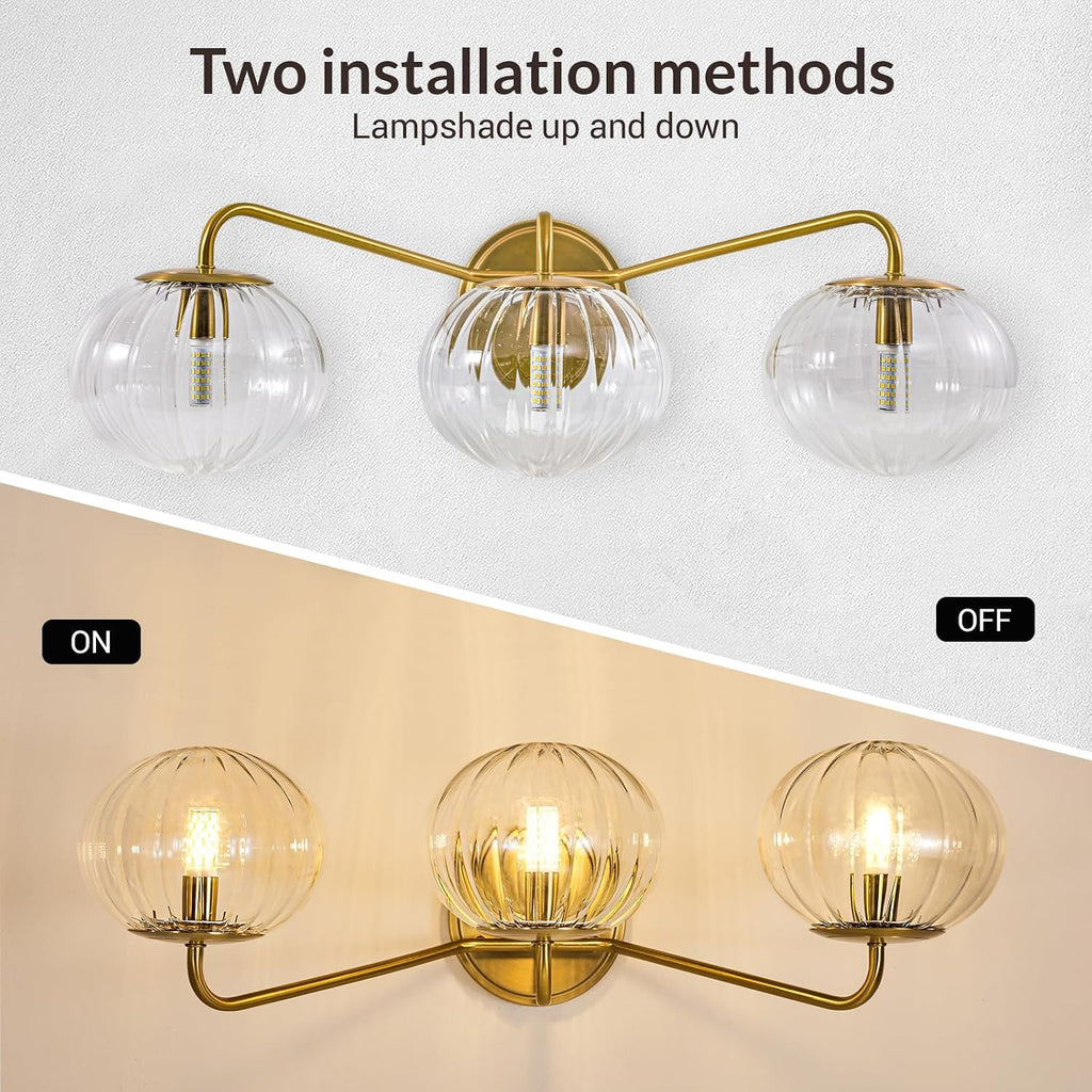 ANDY STAR Brushed Gold Vanity Lights, 3 Light Bathroom Light Fixtures with Clear Pumpkin-Ribbed Glass Globe Shade, Brass Vintage Striped Wall Lights, Up or Down, G9 Base (No Bulbs)