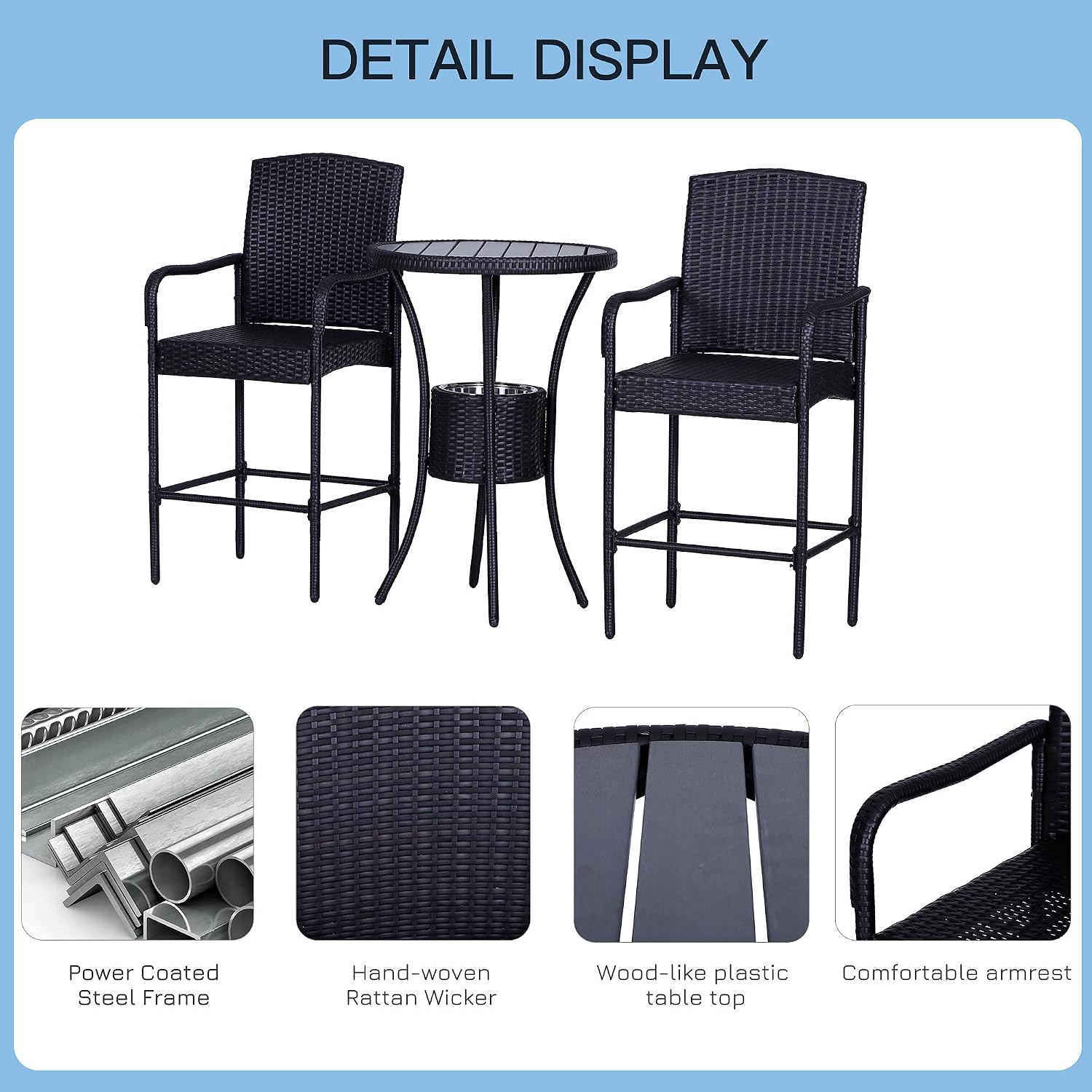 Rattan Wicker Bar Set for 3 PCS with Ice Buckets, Patio Furniture with 1 Bar Table and 2 Bar Stools for Poolside, Backyard, Porches