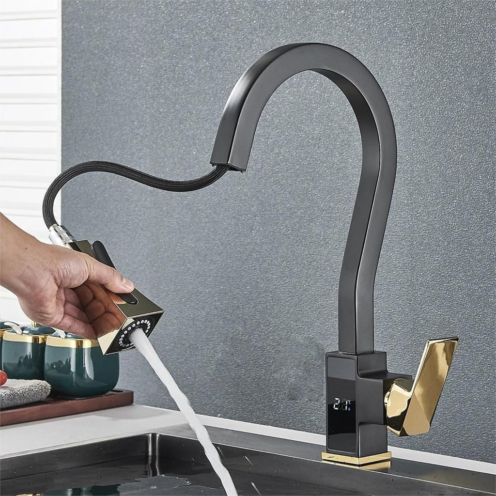 Smart Digital Display Kitchen Faucet Single Handle Pull Out Kitchen Sink Mixer Hot Cold Water Taps(Black Gold)