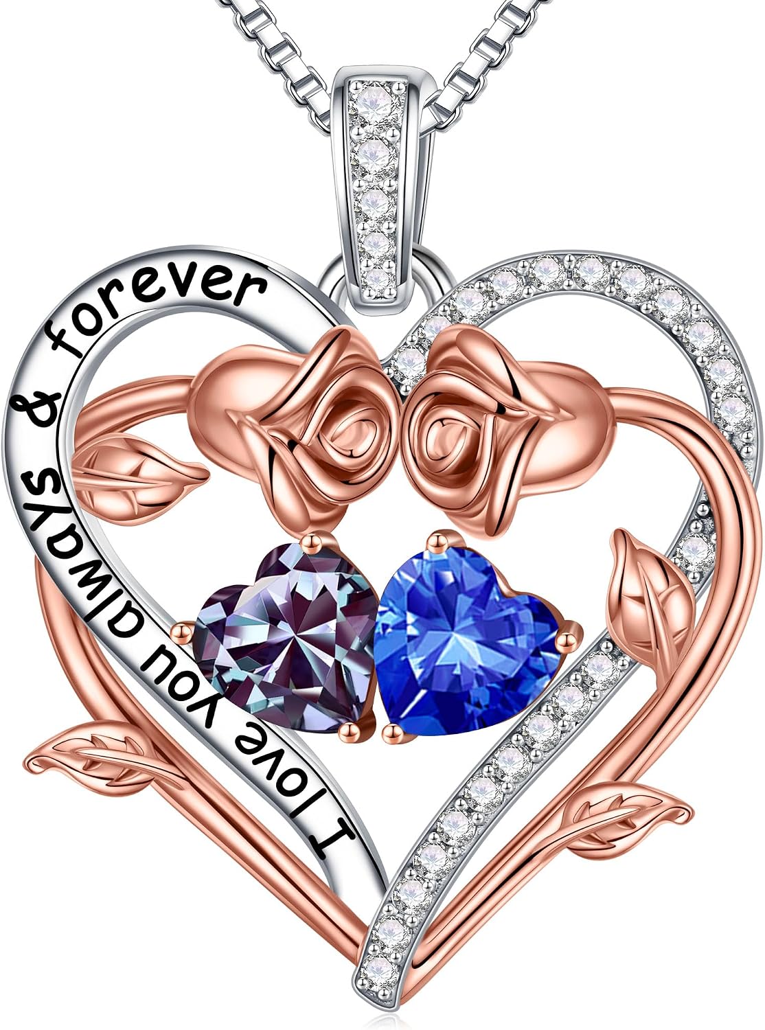 Iefil Rose Heart Double Birthstone Necklace Gifts for Wife Girlfriend Her Women, Birthstone Jewelry Gemstone Birthday Gifts for Mom Grandma Her Wife Women