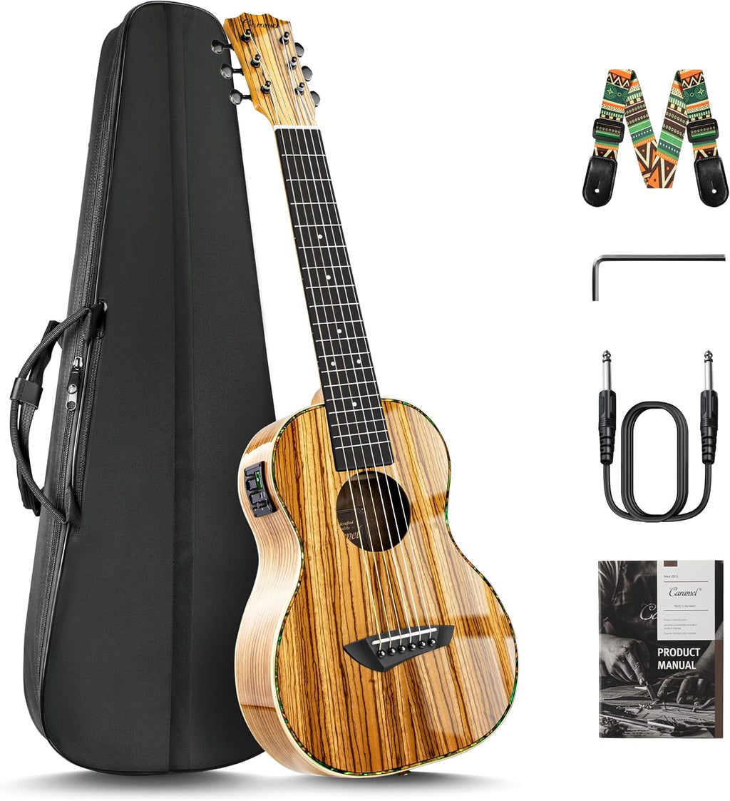 Caramel 6 String CB103G 30 Inch High Gloss Zebra Wood Acoustic & Electric Ukulele Guitalele with Truss Rod with Padded Gig Bag, Strap