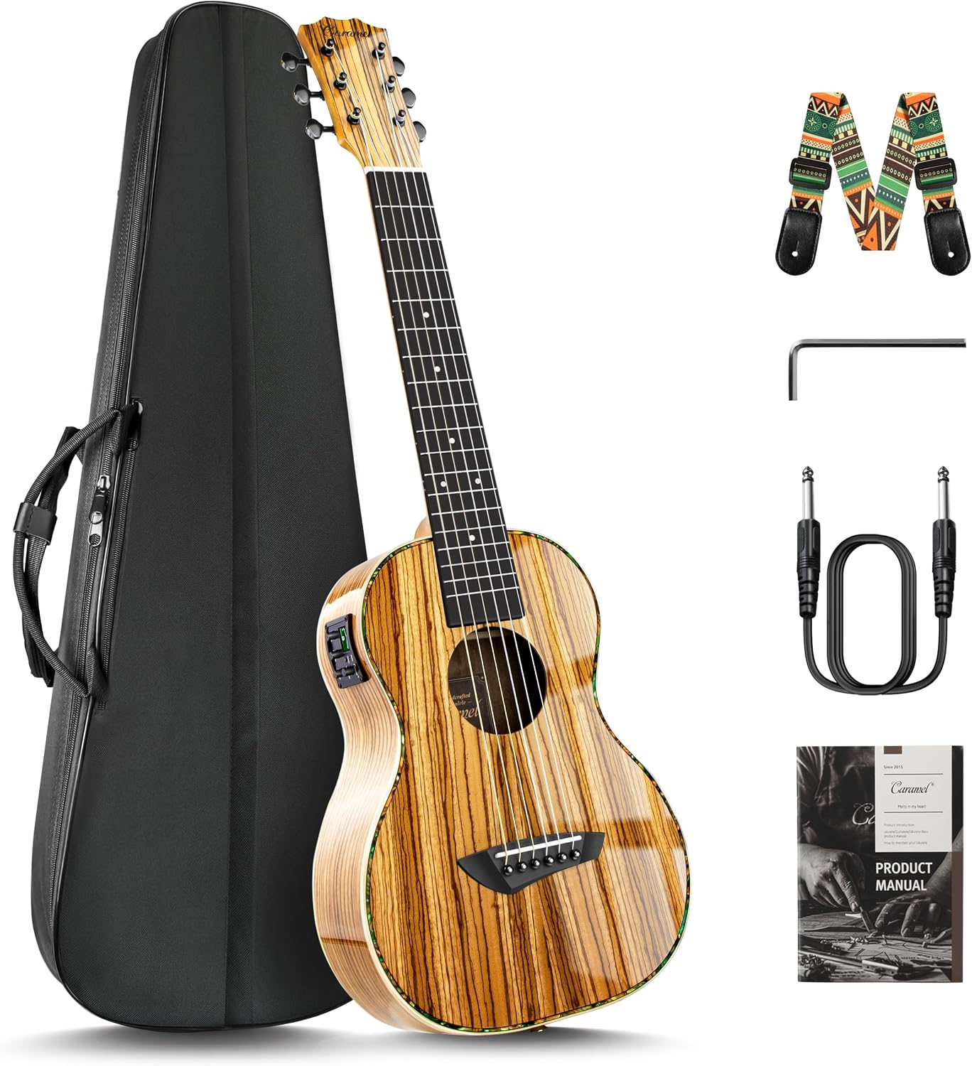Caramel 6 String CB103G 30 Inch High Gloss Zebra Wood Acoustic & Electric Ukulele Guitalele with Truss Rod with Padded Gig Bag, Strap