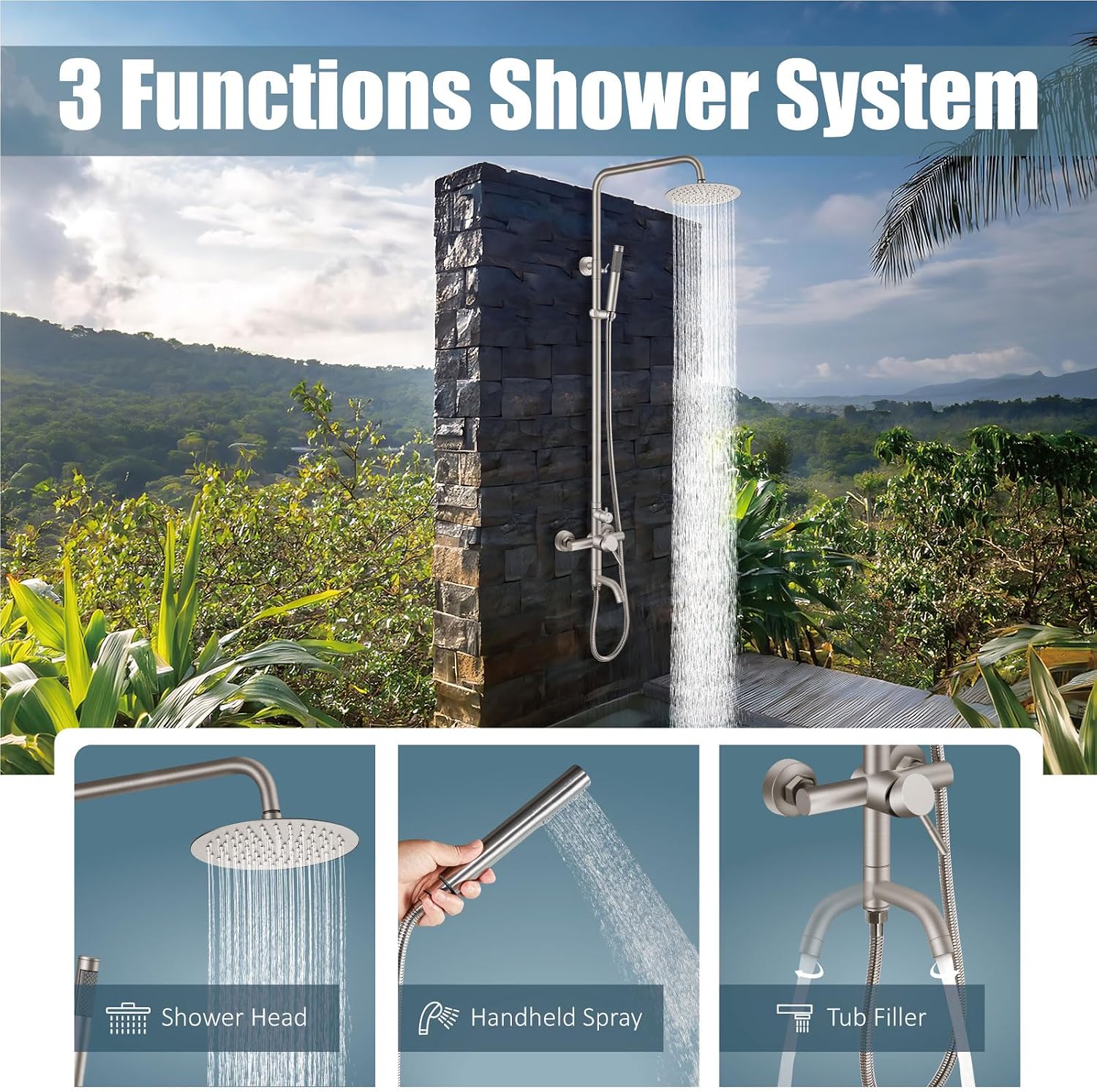 Aolemi Outdoor Shower Fixture SUS304 Triple Function Brushed Nickel Wall Mounted Stainless Steel Shower Faucet System Set with Hand Spray,8' Rain Shower Head