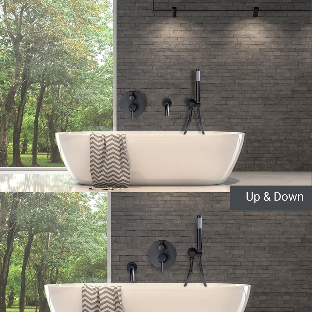 AZOS Wall Mounted Bathtub Faucet with Handheld Shower, High Flow Rate Tub Filler Faucet Set with 360° Swivel Spout Fixtures, Matte Black Tub Faucets
