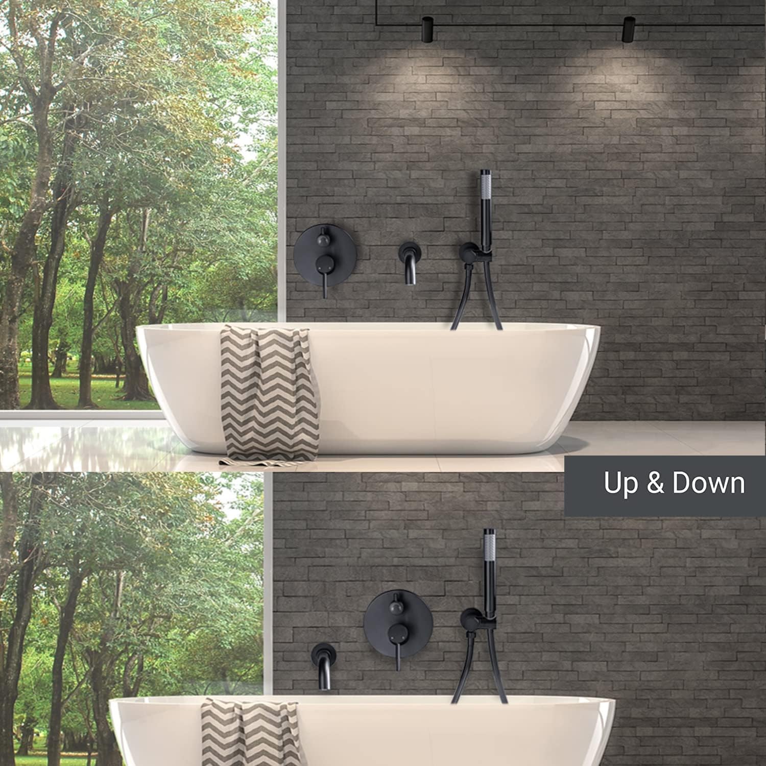 AZOS Wall Mounted Bathtub Faucet with Handheld Shower, High Flow Rate Tub Filler Faucet Set with 360° Swivel Spout Fixtures, Matte Black Tub Faucets