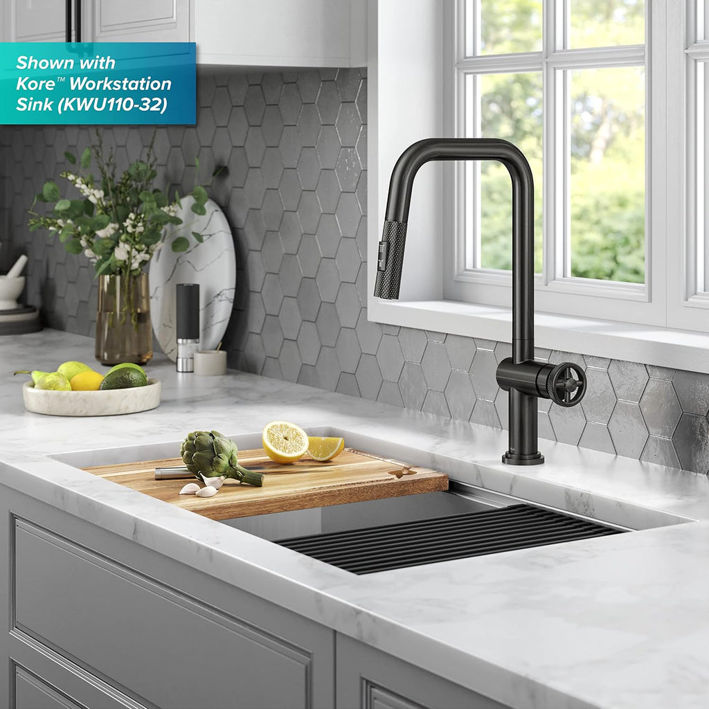 KRAUS Urbix Industrial Pull-Down Single Handle Kitchen Faucet in Black Stainless Steel, KPF-3126SB