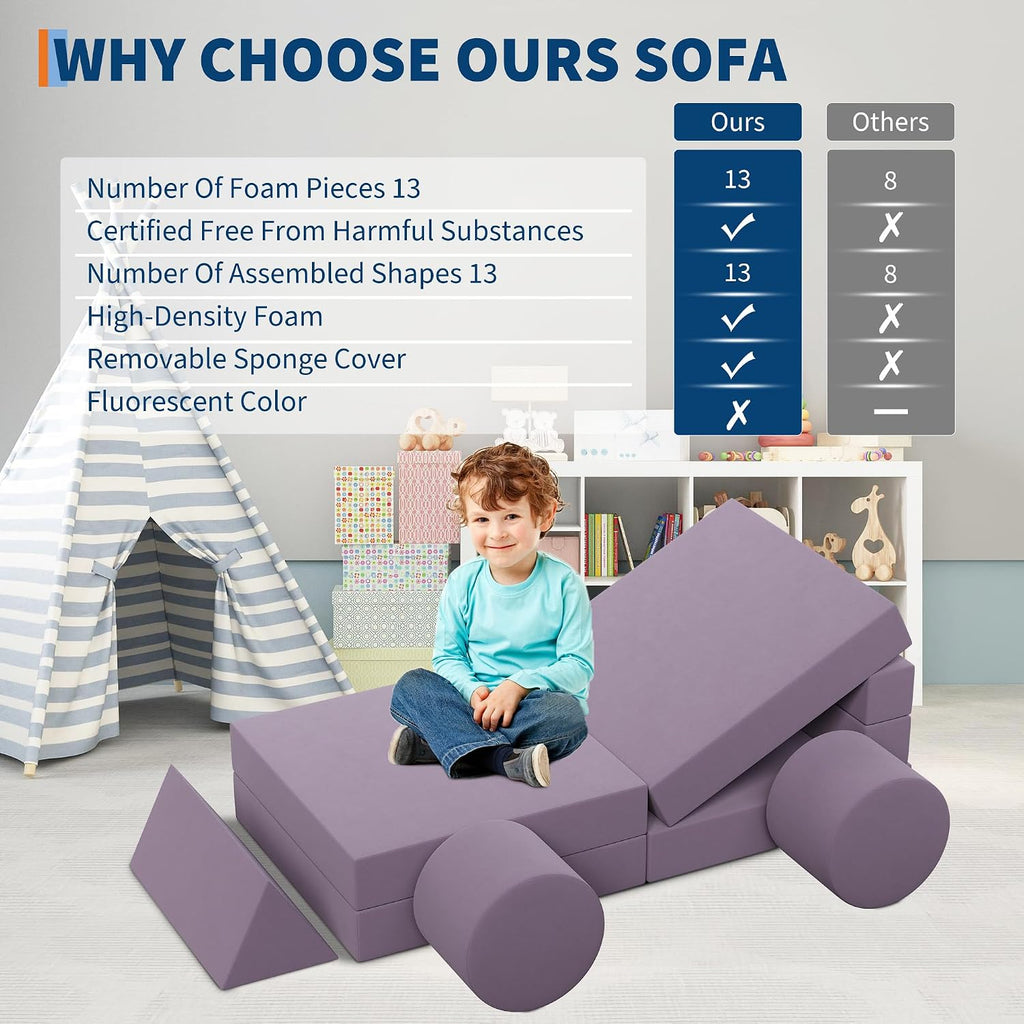 Kids Modular Play Couch, 13 Pcs Toddler Couch With Washable Velvet Covers, Building Fort Toddler Sofa Set, Convertible Foam Floor Chair for Playroom, Living Room