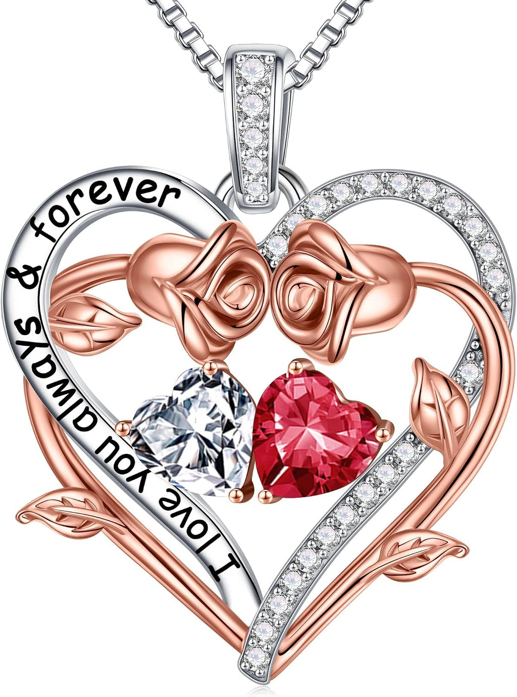 Iefil Rose Heart Double Birthstone Necklace Gifts for Wife Girlfriend Her Women, Birthstone Jewelry Gemstone Birthday Gifts for Mom Grandma Her Wife Women