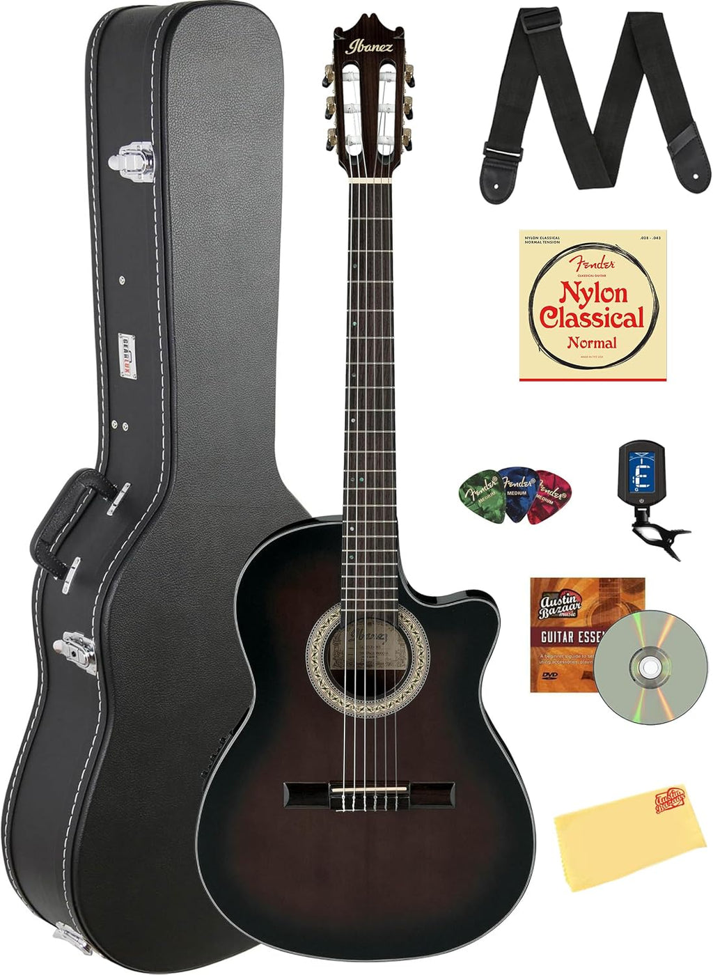 Ibanez GA35TCE Classical Acoustic-Electric Guitar - Dark Violin Sunburst High Gloss Bundle with Case, Tuner, Strap, Strings, Picks, Austin Bazaar Instructional DVD, and Polishing Cloth