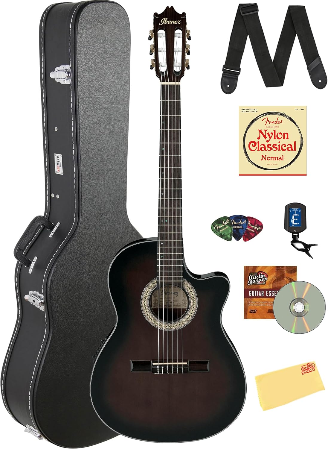 Ibanez GA35TCE Classical Acoustic-Electric Guitar - Dark Violin Sunburst High Gloss Bundle with Case, Tuner, Strap, Strings, Picks, Austin Bazaar Instructional DVD, and Polishing Cloth