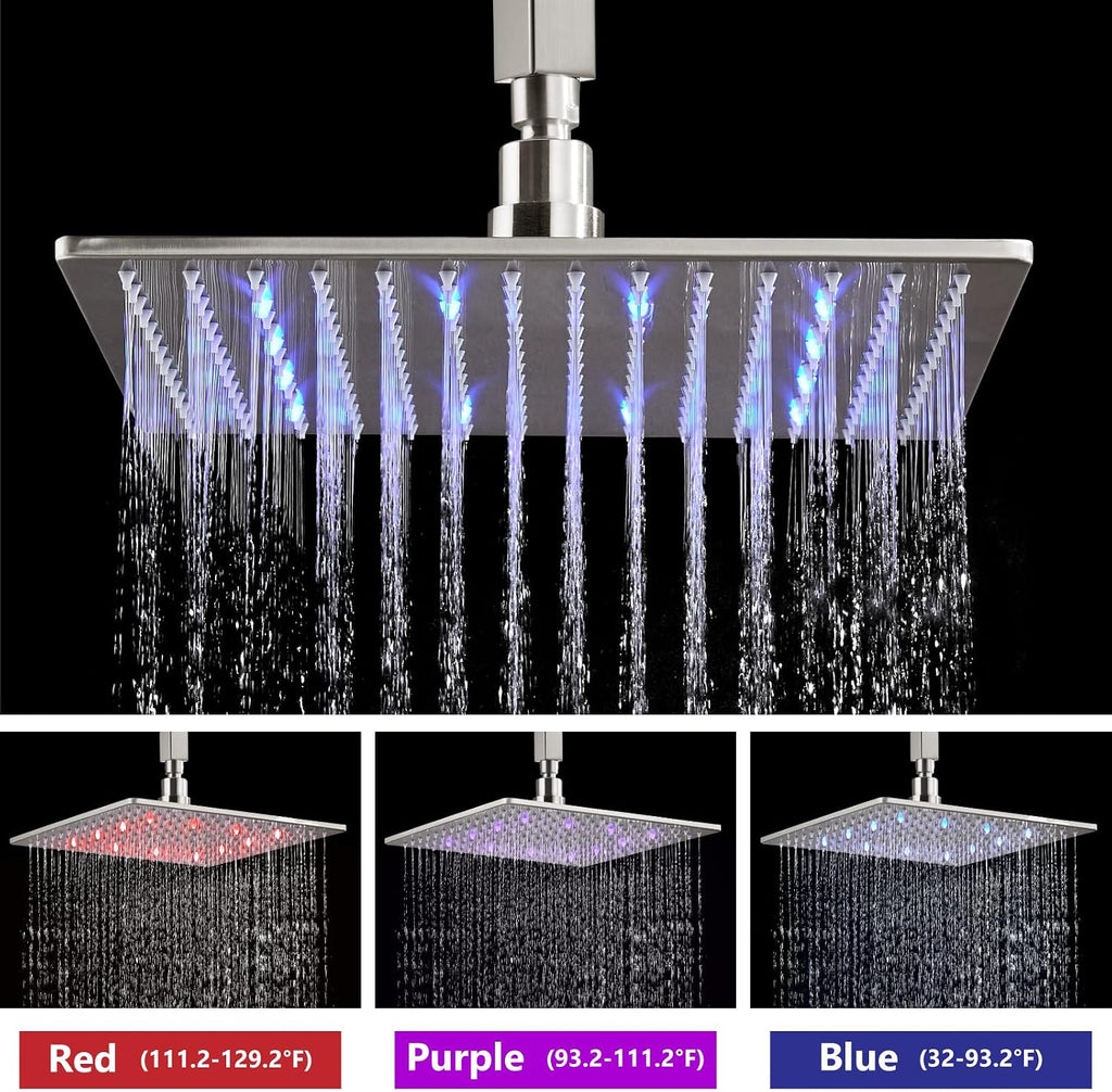 Aolemi Ceiling Mount Shower Faucet Set with Handheld Spray High Pressure Shower Faucets Sets Complete Rough-in Valve and Shower Trim Kit System Included Rainfall Brushed Nickel 12 Inch LED Shower Head